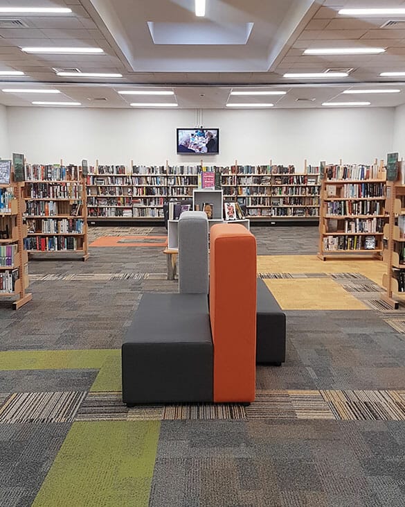 orange and grey konfurb block seating in library