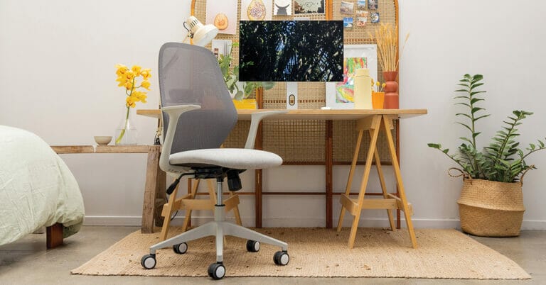 work from home ergonomic setup with mesh back desk chair