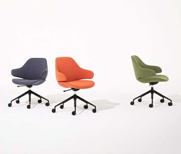 konfurb orbit chairs with 5 star base in charcoal rust and olive fabric