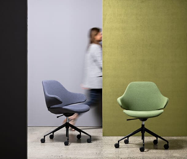 konfurb orbit chairs with 5 star base in charcoal and olive fabric