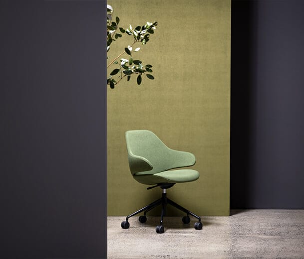konfurb orbit chairs with 5 star base in charcoal and olive fabric